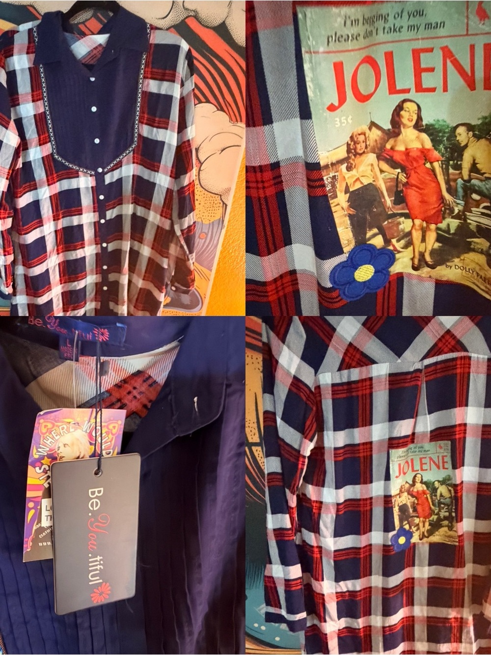 CUSTOM WESTERN DOLLY PARTON Plaid Button-Up RETRO PLAID Shirt Dress LARGE
